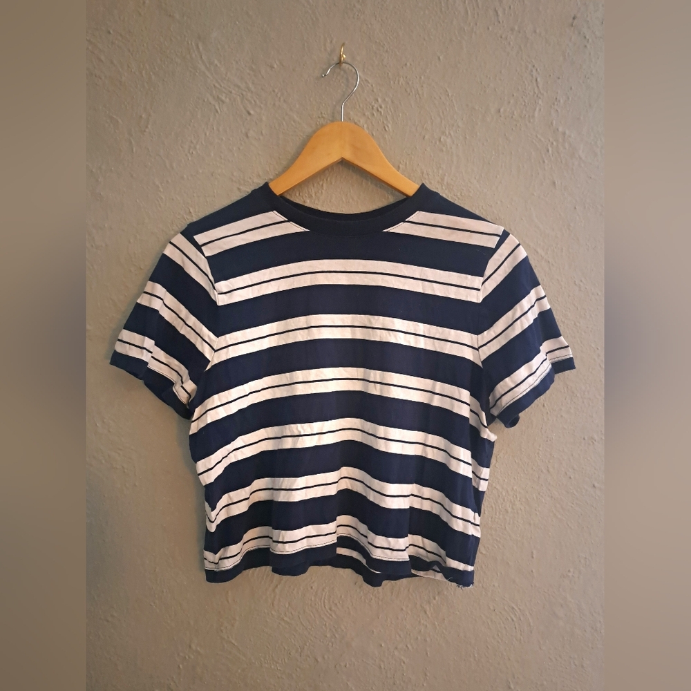 Madewell Blue and White Crop Fitted T-Shirt